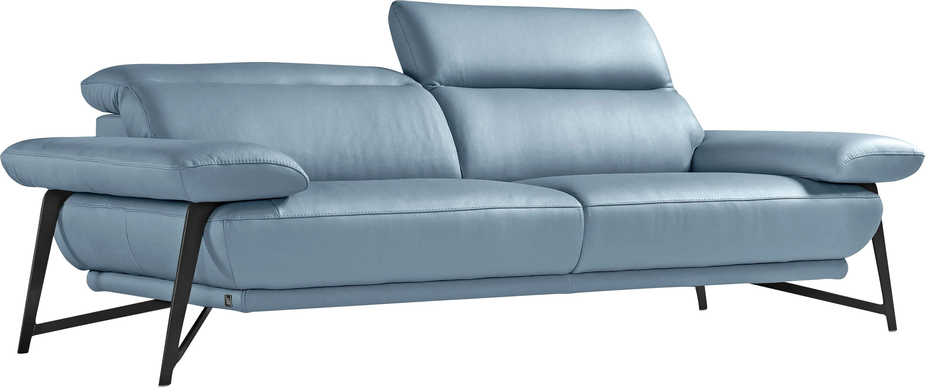 2,5-Sitzer EGOITALIANO "Anais, Designsofa mit hohem Sitzkomfort, Designfuß", blau (himmelblau), B:232cm H:74cm T:106cm, Leder BULL (Echtes Rindsleder). Geschliffenes, pigmentiertes und behandeltes Rindsleder mit einer Dicke von 1, 3-1, 5 mm. Es handelt sich um ein weiches, geschütztes Leder. Eine leichte Deckschicht schützt sie vor Flecken, ohne ihre ursprünglichen Eigenschaften zu verändern. Dieses geschützte Leder kombiniert die Vorteile von Natürlichkeit und Weichheit mit einer guten Beständigkeit gegen Verschleiß und Ausbleichen. Das Vorhandensein der charakteristischen Zeichen, die das Leben des Tieres bestimmen, wie Narben, Körnungsunterschiede, Falten, Adern, Disharmonien in Farbtönen, beweisen ihre absolute Echtheit und großen Wert. Leder CAREZZA (echtes Rindsleder) ist ein Naturleder, dass die ursprünglichen Eigenschaften der Haut nicht verändert. Das Vorhandensein von verheilten Narben, Körnungsunterschiede, Falten, Adern, Unterschiede in den Farbtönen und andere Spuren, die die Natur auf diesen Fellen hinterlassen hat, sind ein Beweis für die absolute Echtheit und das Zeugnis ihres großen Wertes. Leder u00bbNUVOLEu00ab (Echtes Rindsleder). Halbnatürliches, halbnarbiges Rindsleder mit einer natürlichen Körnung von 1, 2 bis 1, 4 mm. Dieses Leder hat eine weiche, wachsartige Haptik mit mattem Aussehen und einem Wolkeneffekt. Es handelt sich um ein Naturleder, das die ursprünglichen Eigenschaften der Lederhäute nicht verändert. Das Vorhandensein von verheilten Narben, Körnungsunterschiede, Falten, Adern, Unterschiede in den Farbtönen und andere Spuren, die die Natur auf diesen Fellen hinterlassen hat, sind ein Beweis für die absolute Echtheit und das Zeugnis ihres großen Wertes. Luxus-Micofaser Lederoptik (100% Polyester) ist ein neues technisches Gewebe mit einem visuellen und taktilen Aspekt, der dem Nubuk sehr nahe kommt, mit innovativen Eigenschaften. Seine außerordentliche Weichheit kommt von einem exklusiven Produktionsprozess, der Unreinheiten und Unregelmäßigkeiten beseitigt. Das Ergebnis ist eine bemerkenswert samtige Faser, die durch das Vorhandensein von Körnern verstärkt wird. Von der einfarbigen Eleganz der warmen Farben und der Vielfalt an trendigen Farben, die es zu seiner eigenen Stärke und Persönlichkeit machen., Sofas, inkl. verstellbarer Kopfteile