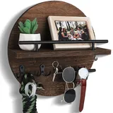 Duscdesp Schlüsselbrett, Schlüsselhalter mit ablage Rund, Schlüsselboard Vintage Holz mit Stauraum, Schlüssel Halter Schlüsselaufhänger für Flur Deko, Garderobenhaken, Hundegarderobe (Braun)