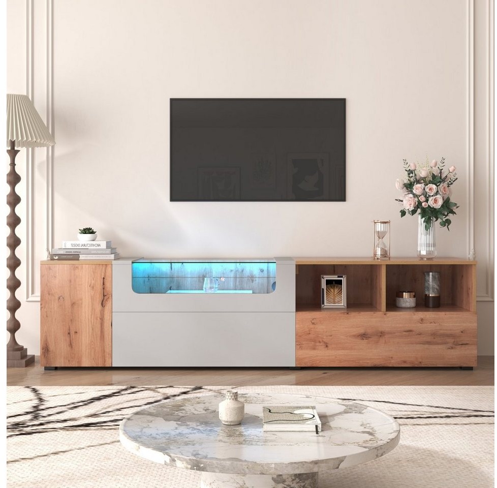 Merax Lowboard mit LED-Beleuchtung, TV-Schrank, mit Glasplatte, Fernsehtisch im Landhausstil, B: 190cm grau