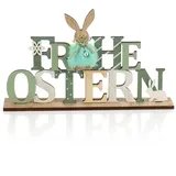 COM-FOUR® Deko Aufsteller für Ostern - Schriftzug mit Osterhasen - Osterdeko zum Hinstellen - Osterdekoration aus Holz mit Glöckchen (1 Stück - Hase und Blume)