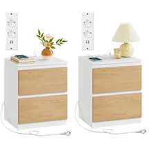 VASAGLE Nachttisch 2er Set, mit Steckdosen und Schubladen, mandelgelb