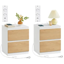VASAGLE Nachttisch 2er Set, mit Steckdosen und Schubladen, mandelgelb