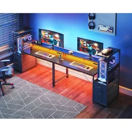 Gaming Tisch mit LED-Beleuchtung und Steckdose, Carbon Fiber, Schwarz, 151×50 cm - Schwarz