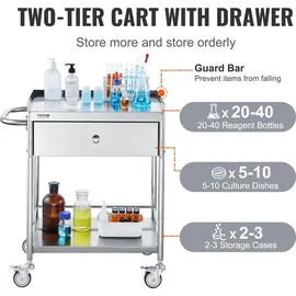 Vevor Zweistöckiger Laborwagen Gerätewagen Servierwagen Edelstahl Abräumwagen mit Schubladen 100 kg Tragfähigkeit, 710 x 421 x 785 mm (mit Griff) Labor Rollwagen