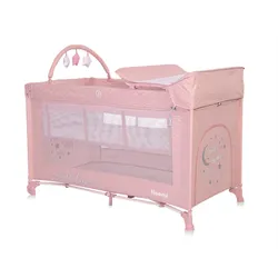 Lorelli Reisebett Noemi 2 Ebenen, Wickelauflage, Spielbogen, Tragetasche, Räder pink