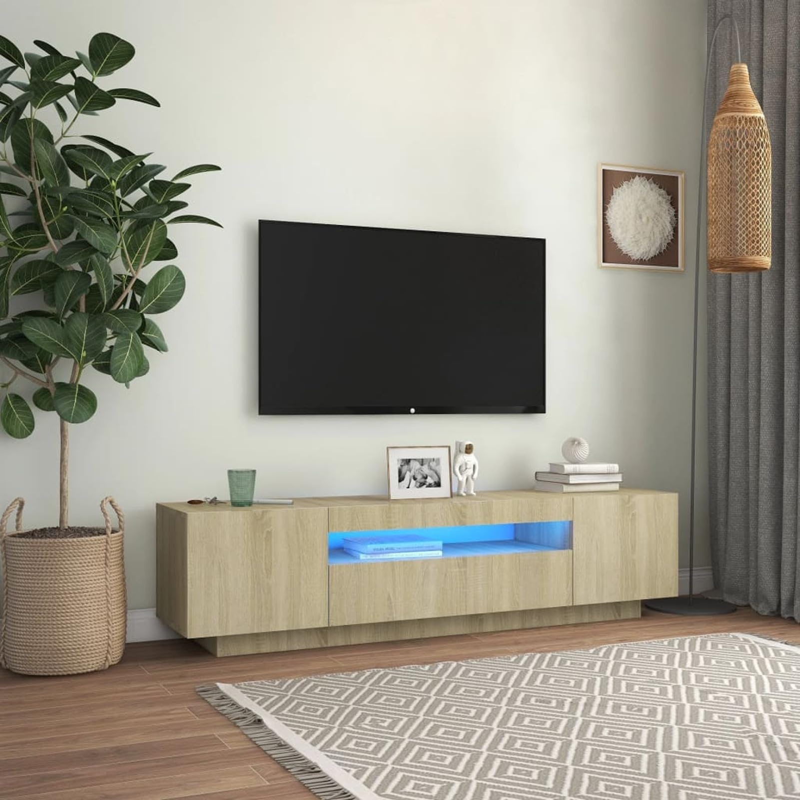 SECOLI tv Schrank led 160cm TV Lowboard mit LED TV Board Fernsehschrank TV-Schrank TV-Kommode tv Bank tv Möbel Sideboard für Wohnzimmer Schlafzimmer Möbel-Sonoma Eiche-160x35x40 cm