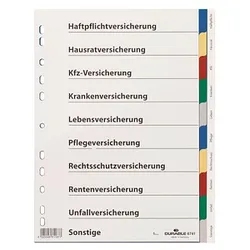 DURABLE Ordnerregister Vollformat blanko mit Deckblatt Versicherungen 2x blau, 2x gelb, 2x rot, 2x grün, 2x grau 10-teilig, 1 Satz