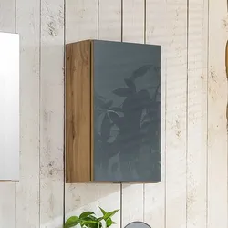 Badezimmer Hängeschrank in Grau und Wildeiche Optik Glas beschichtet
