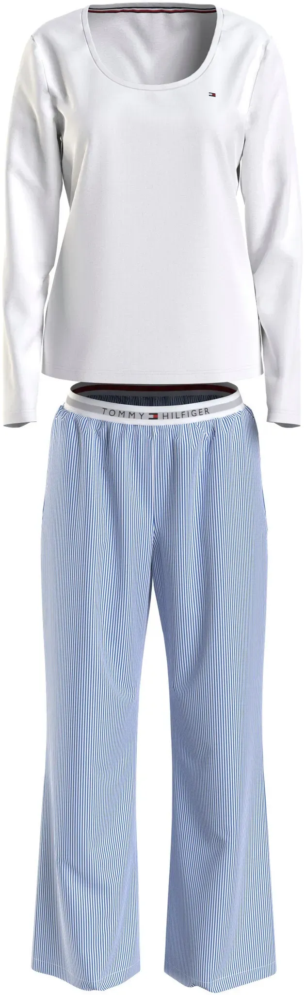 Pyjama TOMMY HILFIGER UNDERWEAR "TH LS PJ SET WOVEN" Gr. S (36), blau (white, ithaca stripe blue spell) Damen Homewear-Sets Pyjamas Shirt uni, Hose gestreift