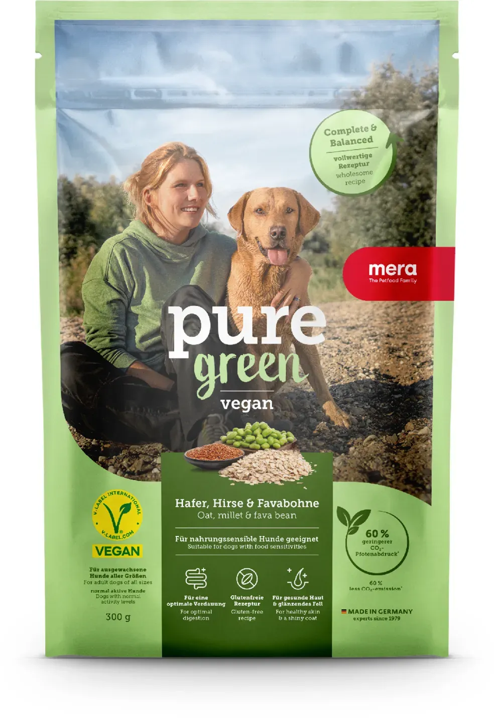 mera Pure Green Vegan | Veganes Hundefutter | Pflanzenbasiert, ausgewogen und nachhaltig | Trockenfutter | für nahrungssensible Hunde | Probierpackung 300g Probe