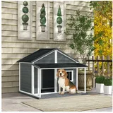 PawHut Hundehütte aus Holz Kleintierhaus Hundehaus mit Terrasse Asphaltdach 124 x 112 x 105 cm - grau