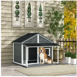 PawHut Hundehütte aus Holz Kleintierhaus Hundehaus mit Terrasse Asphaltdach 124 x 112 x 105 cm - grau