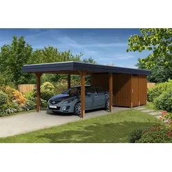 Skan Holz Walmdach Carport 362cm inkl. Abstellraum nussbaum Holzcarport