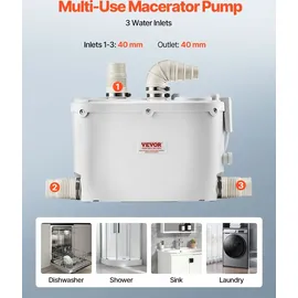 Vevor Hebeanlage, 500 W, 110 L/min Durchfluss, 8 m Förderhöhe, Schmutzwasserpumpe mit 4 Wassereinlässen, Abwasserhebeanlage für Küche, Keller, Dusche, Waschbecken, Waschküche,