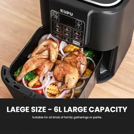 KUPU Heißluftfritteuse, 6L Airfryer, 360°Luftzirkulationstechnologie, 6-in-1 Kompakte Heissluftfritteuse, spülmaschinenfeste Körbe, 1500W - Schwarz