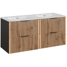 Lomadox Badmöbel Doppelwaschtisch mit Unterschrank 120 cm XANTEN-56 in anthrazit mit Eiche Nb. schwarz gerillt, b/h/t: ca. 121/58,5/46 cm