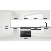Belini Küchenzeile Küchenblock Rose - Küchenmöbel 300 cm Einbauküche Vollausstattung ohne Elektrogeräten mit Hängeschränke und Unterschränke, mit Arbeitsplatten, Weiß Hochglanz