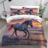 NYSMGS Kinderbettwäsche 135x200 Pferd Mädchen Jungen Kinder 3D Druck Tiere Sonnenuntergang Bettbezug Weich Mikrofaser Bettwäsche-Sets 2Teilig mit Reißverschluss und Kissenbezüge 80x80cm A556