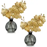 2 pcs Künstliche Orchideen Gold mit Schwarz Glasvase, Kunstpflanze Deko Orchidee Kunstblumen im Vase mit Real Touch Blüten, Gefälschte Orchideen Künstliche Bonsai für Hotel Wohnzimmer Büro Küche