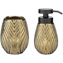 Badaccessoire-Set WENKO "Modell Idro Gold", gold, strukturiert, Keramik, Kunststoff, Badaccessoires-Sets, Seifenspender und Zahnputzbecher, Keramik, Linien-Struktur