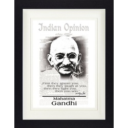 1art1 Bild mit Rahmen Mahatma Gandhi - Indian Opinion, Zuerst Ignorieren Sie Dich S/W 30 cm x 40 cm