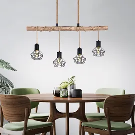 GLOBO LED Hängeleuchte Esszimmerlampe Deckenleuchte Pendellampe, Holz Balken, Hanfseil, Retroleuchte Vintage Rustikal, 4-Flammig, 4x E27 Filament LED warmweiß, Länge 100 cm