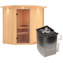 Karibu Sauna Taurin mit Eckeinstieg 68 mm -9 kW Ofen integr. Steuerung-Inkl. Dachkranz-Klarglas Ganzglastür