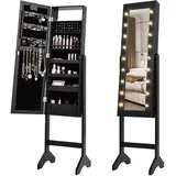 GOPLUS Schmuckschrank mit LED-Beleuchtung, Schmuckregal mit Ganzkörperspiegel & Eingebautem Spiegel, Frei Stehender Spiegelschrank, mit Stauraum für Schmuck & Kosmetika (Schwarz)