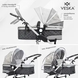 veska VESKA® 3 in 1 Kombi-Kinderwagen inkl. Babyschale, Buggy, Jogger mit Wickeltasche, Moskitonetz, Regencover, Spieltisch, Autoschale Fußsack, QuickFold, Aluminiumrahmen Silber - anthrazit/anthrazit