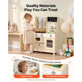 Vevor Spielküche für Kinder, Moderne Kinderküche mit Licht & Sound, Holzküche mit Herd Backofen Spüle Mikrowelle Eisspender & Getränkespender, Küchenspielzeug mit Kochset für Kinder ab 3 Jahren, Beige