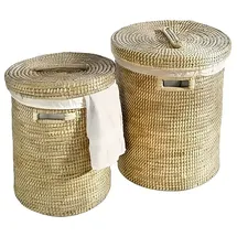 Dekoleidenschaft Wäschekorb aus Seegras mit Deckel, Wäschesammler mit Textileinlage, in 2 Größen, Wäschetonne Wäschebox Aufbewahrungskorb Wäschebehälter Laundry Basket beige Ø 40 cm x 50 cm