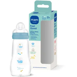 MAM Feel Good Glass Bottle Babyflasche | 0+ Monate | Stillfreundliche Milchflasche für Neugeborene | 94% Akzeptanz | Trinkflasche für Babys mit Sauger Gr. 1 | 260 ml | Wal