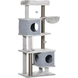 PawHut Kratzbaum 142H cm Katzenbaum mit 4 Ebenen Kletterbaum mit 2 Katzenhaus, Plattformen, Korb Sisalsäule Spielball Katzenkratzbaum Kippschutz Plüsch Grau