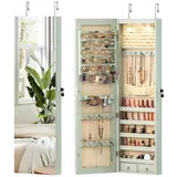 COSTWAY Schmuckschrank mit LED & Spiegel abschließbar, Wandspiegel hängend grün