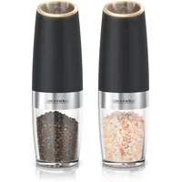 Arendo Salz/Pfeffermiihle Elektrische Salzmiihle & Pfeffermihhle, stufenlos einstellbar Batteriebetrieben, (2 Stiick), Edelstahl, Keramikmahlwerk, 2er LED, Kippsensor