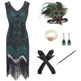 shoperama 20er Jahre Charleston Flapper Damen-Kostüm Grün/Schwarz Pailletten-Kleid mit Fransen und 5-TLG. Pfau Zubehör-Set, Größe:M