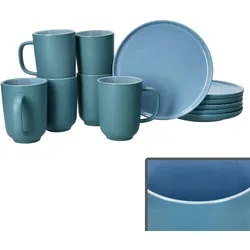 Ritzenhoff Jasper 12tlg Frühstücksset Ozeanblau Steingut Teller Kaffeebecher