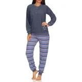 Normann Pyjama Damen Frottee Pyjama lang mit Bündchen Hose gestreift blau 36/38