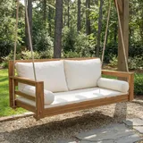Hollywoodschaukel 2 Sitzer aus Akazienholz, Gartenschaukel mit Kissen und 2 Aufhängeseilen, Doppelsitz für Garten, Terrasse und Balkon, hollywoodschaukel Holz Outdoor(Beige)