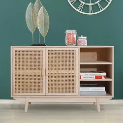Wohnzimmerkommode in Holz Naturfarben Geflechttüren