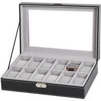LIANTRAL Uhrenbox für Herren, 12 Fächer, Lederuhren-Vitrine, Organizer, Uhrenhalter, Glasplatte (schwarz)