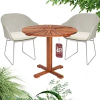 CASARIA® 3tlg. Balkonmöbel Set zwei Poly Rattan Sessel mit Auflage & rundem Akazientisch wetterfest für Garten, Terrasse und Balkon weiß - Weiß