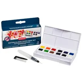 Derwent Wasserfarbkasten 12 halbe Näpfchen und eine Derwent Mini Waterbrush in einer kompakten Palette mit Mischschale