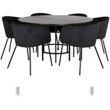 VCM Copenhagen Essgruppe Esstisch braun und 6 Berit Esszimmerstühle Velour schwarz.