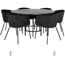 VCM Copenhagen Essgruppe Esstisch braun und 6 Berit Esszimmerstühle Velour schwarz.
