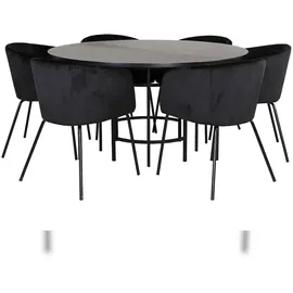 VCM Copenhagen Essgruppe Esstisch braun und 6 Berit Esszimmerstühle Velour schwarz.