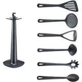 Westmark Küchenutensilien – Drehständer mit Kartoffelstampfer, Brat- u. Gemüselöffel, Spaghettilöffel, Suppenkelle, Schaumlöffel und Wender – Schwarz, Set 7-teilig