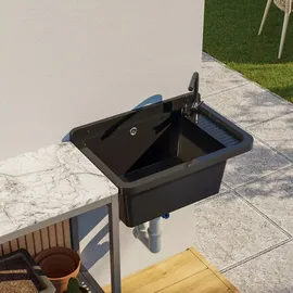 QLS Ausgussbecken 50x34 cm Kunststoff Siphon Schwarz