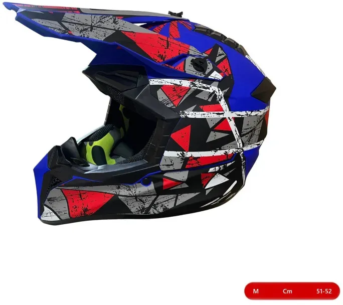 Motocross-/Enduro-Helm für Motorrad, ATV, Fahrrad – Größe M (51–52 cm), mattblau mit rotem/grauem Design