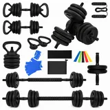 ARATERVIO 6-in-1 Multifunktions-Hantelset 20KG – Verstellbare Kurzhantel & Langhantel mit Kettlebell, Liegestützgriffen, Springseil & Bauchtrainer, Fitness Set (Schwarz)
